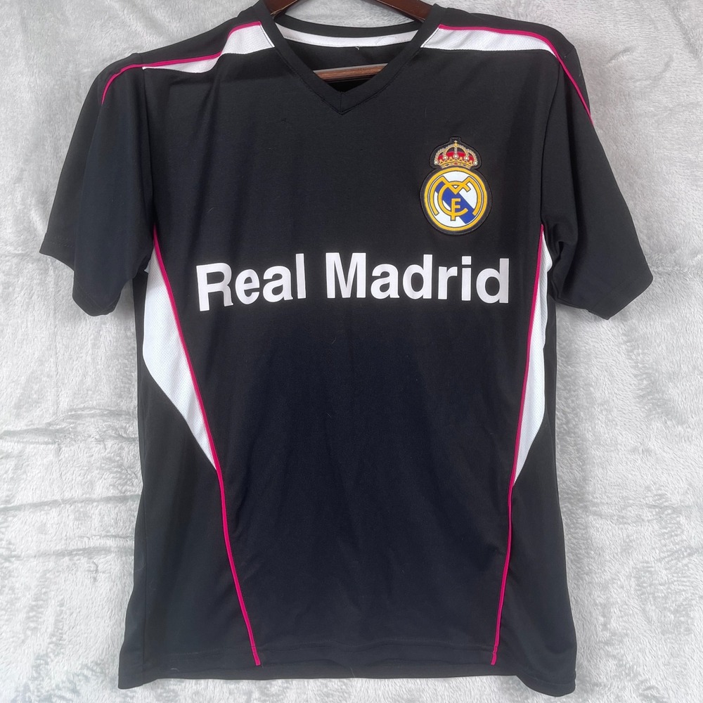 Real Madrid Men M Soccer Football T-Shirt Black Red Trim 100% Polyester V-Neck